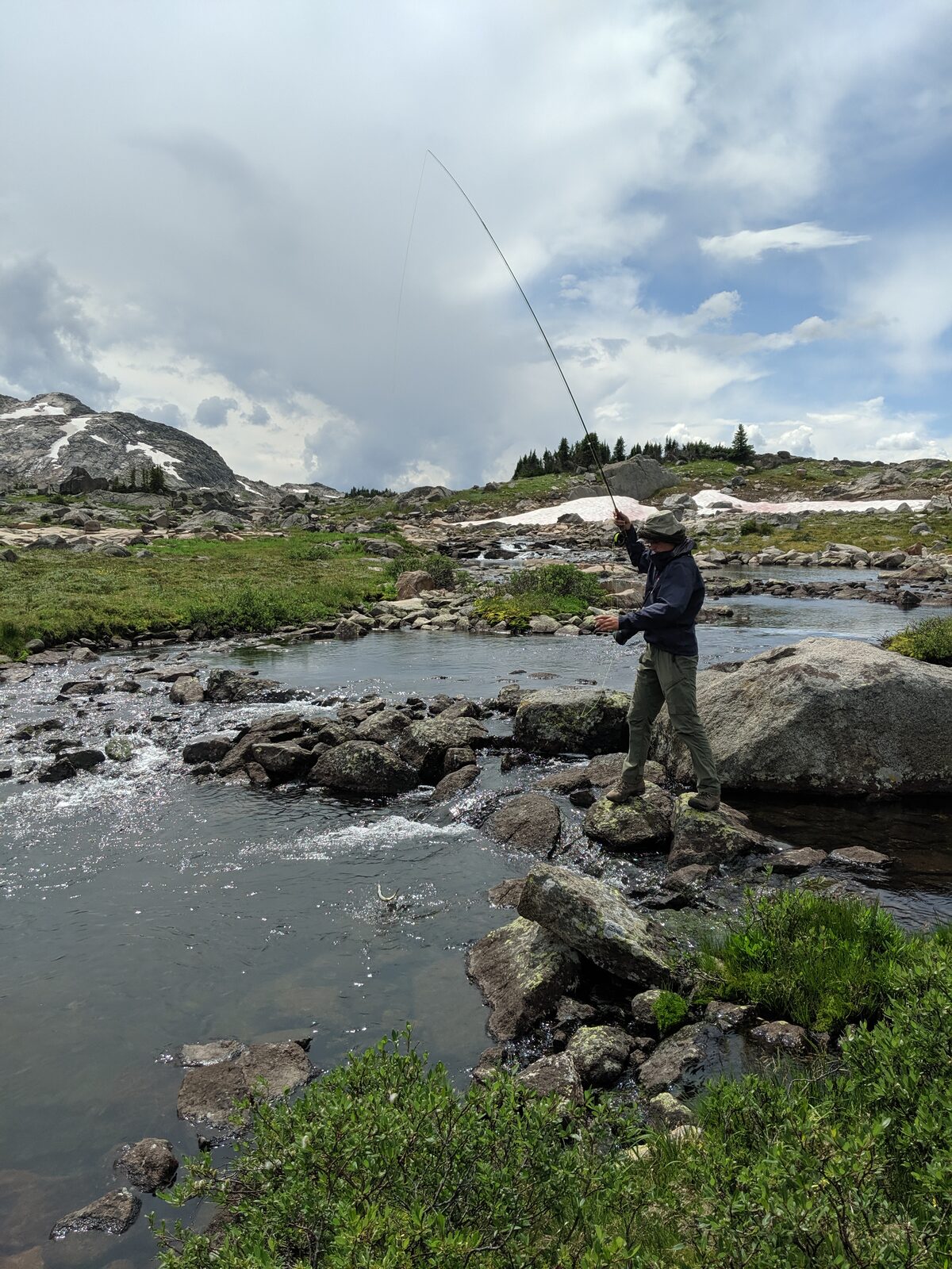 Chris Kussmaul fly fishing a mountain stream during fieldwork
