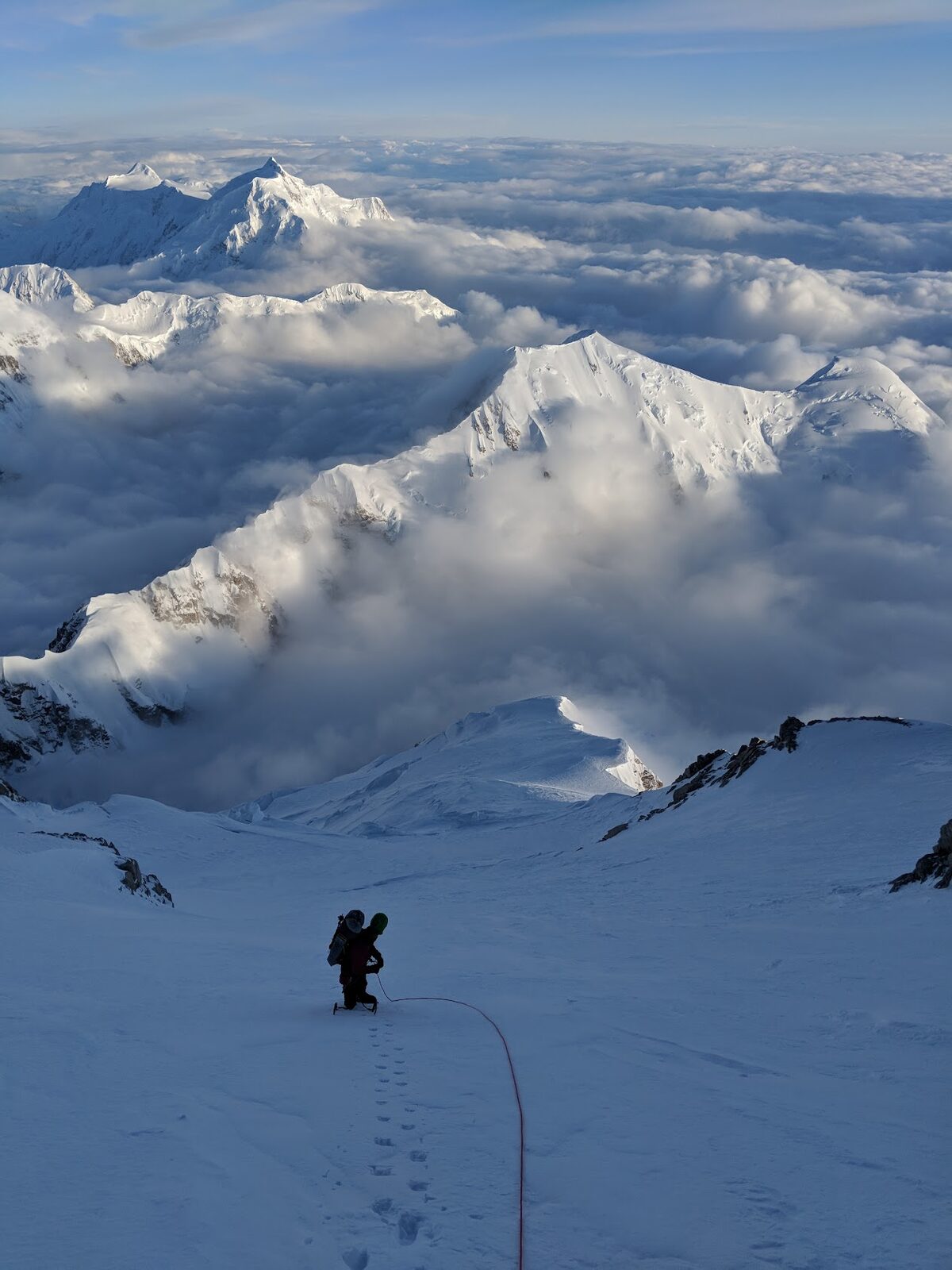 Matias descending the Seattle Ramp toward the base of the Cassin Ridge, Denali