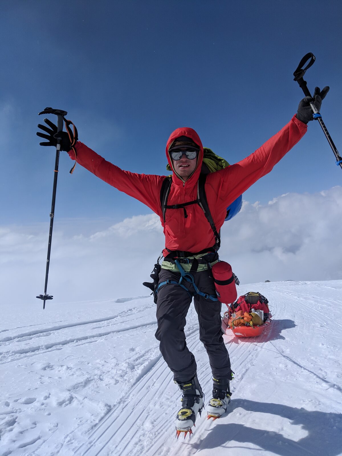 Matias Francis hauling gear on Denali's West Buttress
