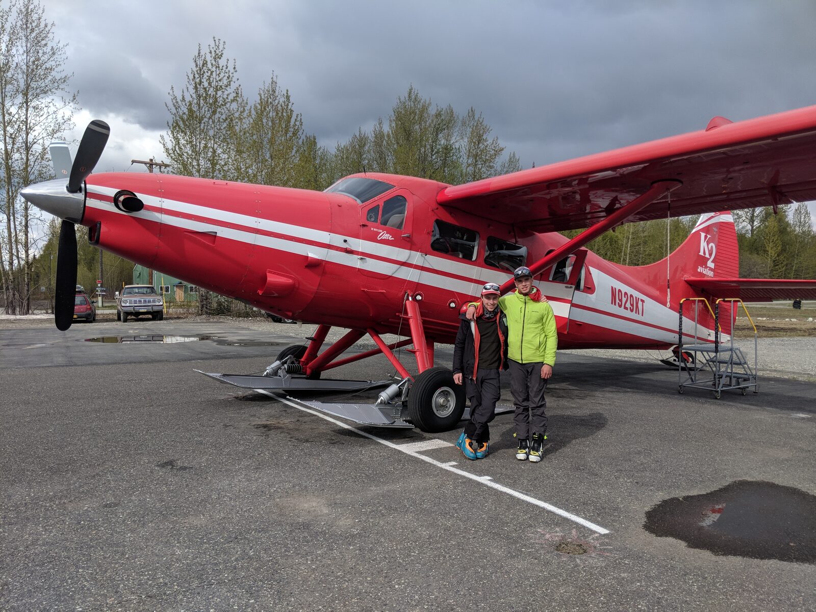 Matias and Chance preparing to fly into the Central Alaska Range on a K2 Otter ski plane