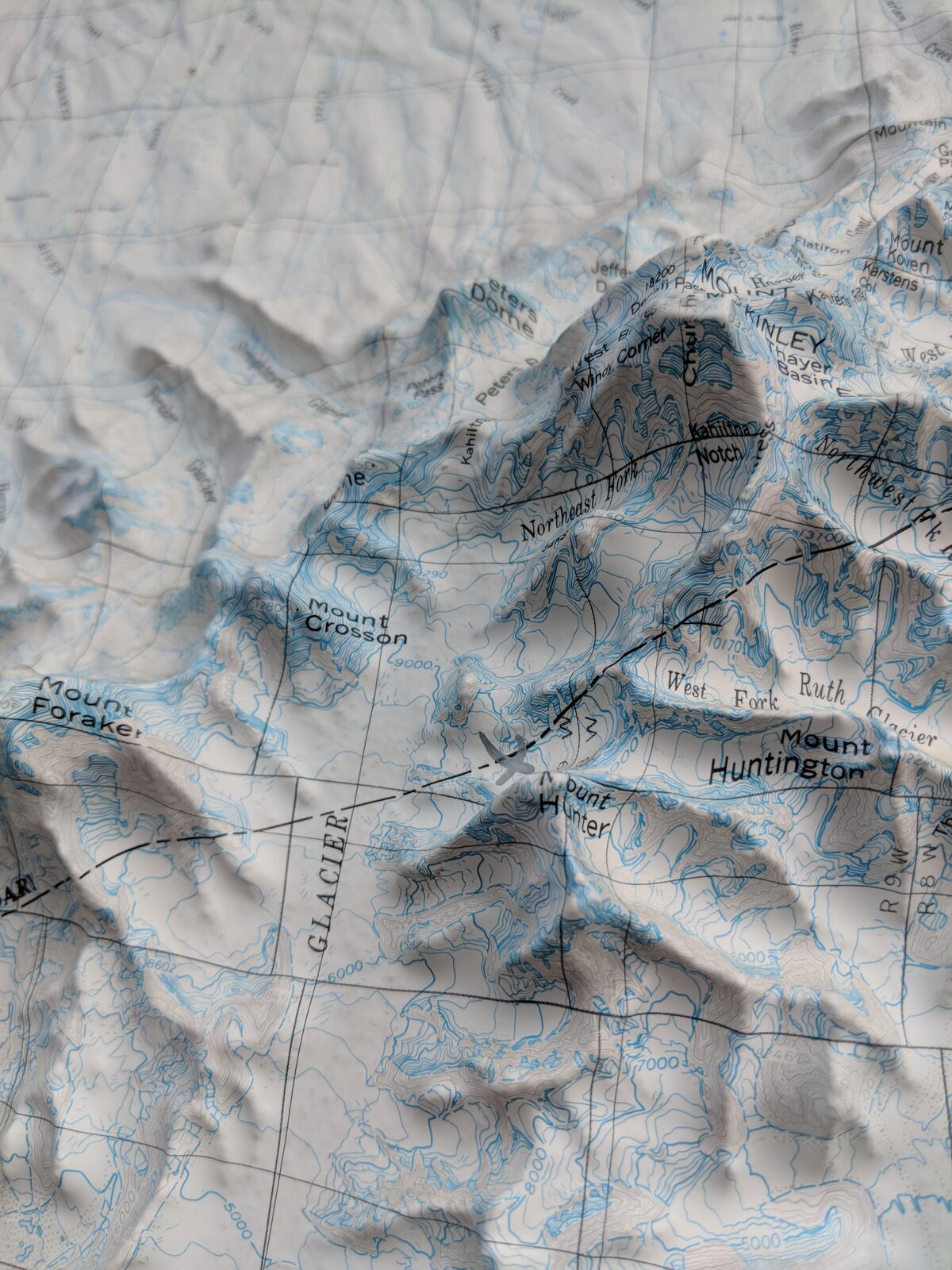 Raised relief map of the Central Alaska Range showing Sultana, Denali, and Begguya
