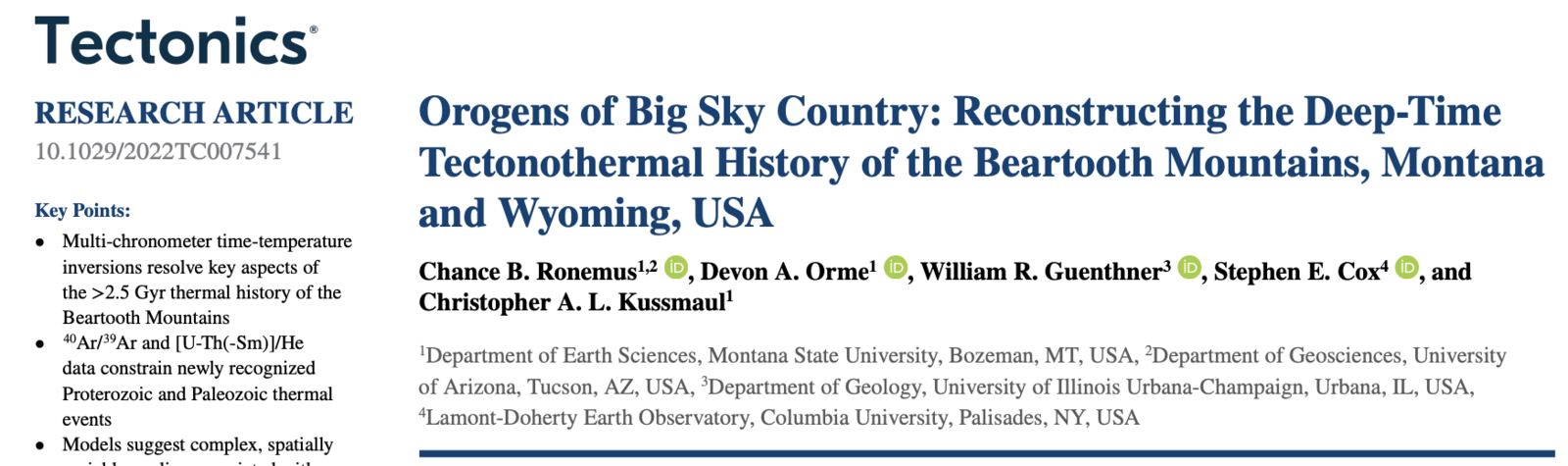 Title page of the Tectonics article on the deep-time tectonothermal history of the Beartooth Mountains
