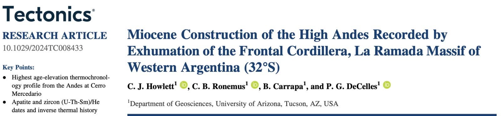 Title page of the Tectonics article on Miocene exhumation of the Frontal Cordillera, La Ramada massif