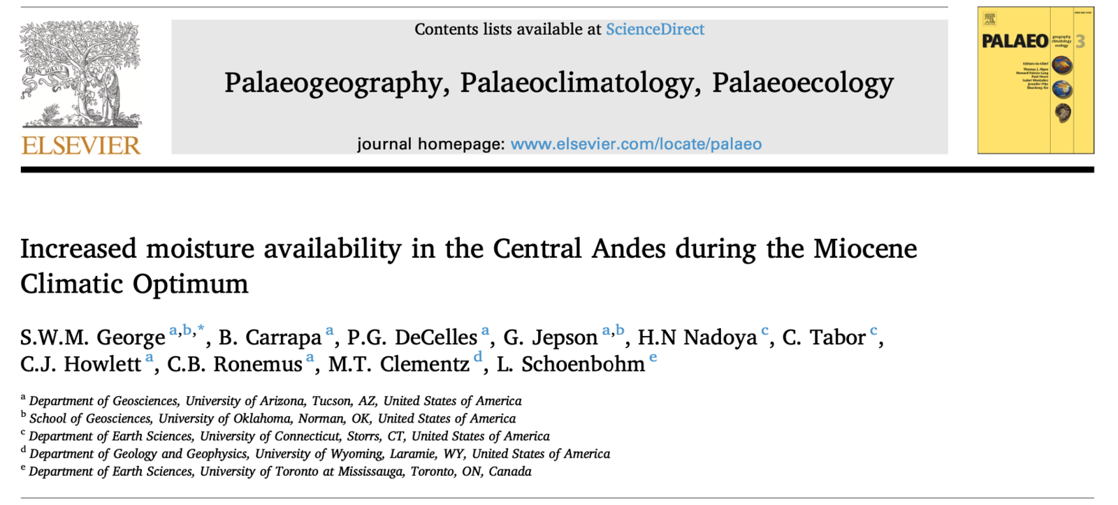 Title page of the Palaeogeography, Palaeoclimatology, Palaeoecology article on the South American Monsoon