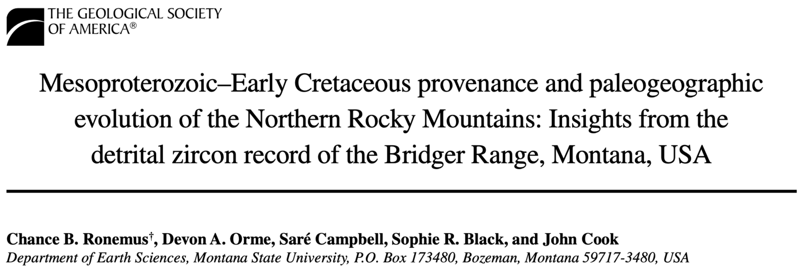 Title page of the GSA Bulletin article on the detrital zircon record of the Bridger Range, Montana