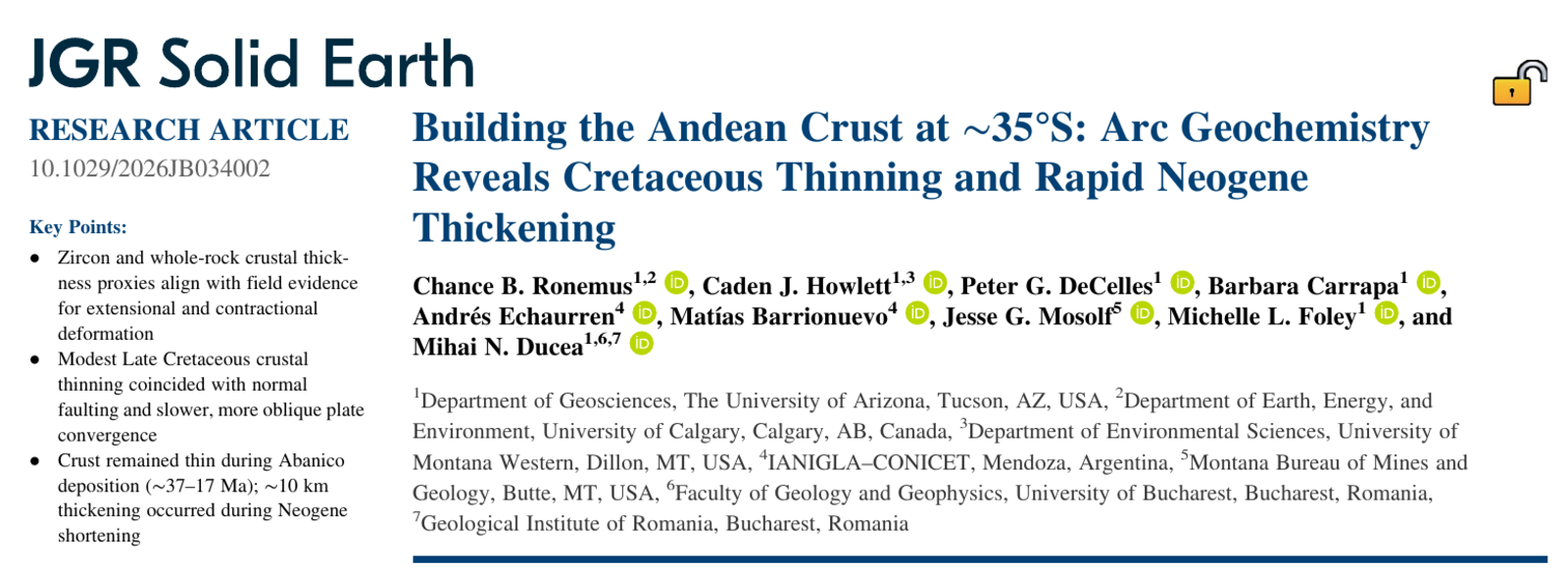 Title and author list of the JGR: Solid Earth article on Cretaceous thinning and Neogene thickening of the Andean crust at 35°S